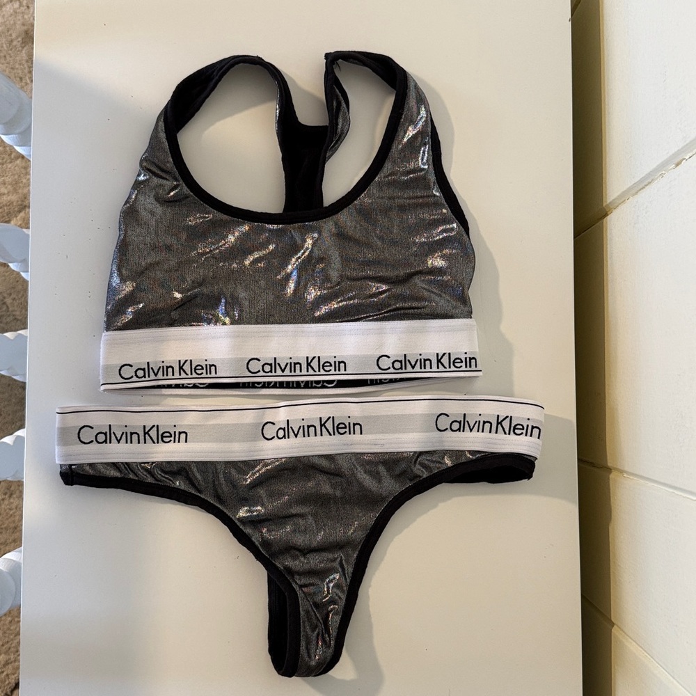 Calvin Klein Metallic Gunmetal Logo Elastic Bralette & Thong Set
